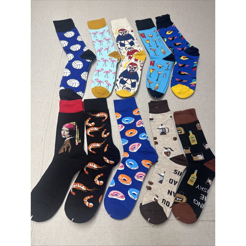 10 Pairs Men’s Novelty Crew Socks Colorful Mixed Designs US 9–12 New #mixed7